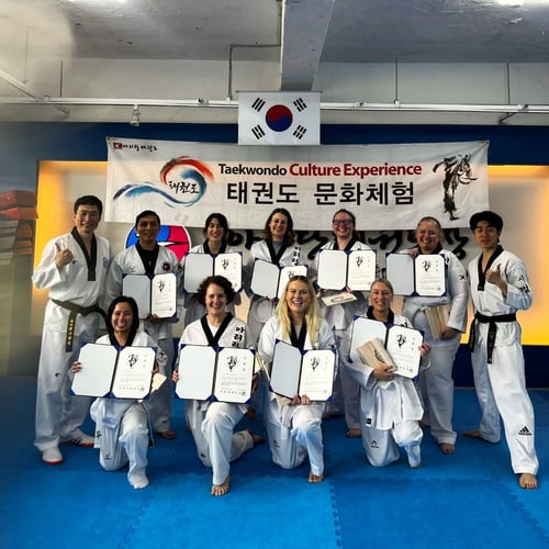 Gruppe beim Taekwondo Kurs während des Adventure Trips in Südkorea mit AIFS