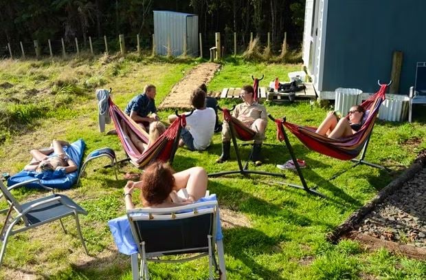 Volunteers entspannen beim Freiwilligenprojekt Rainforest Conservation in Neuseeland