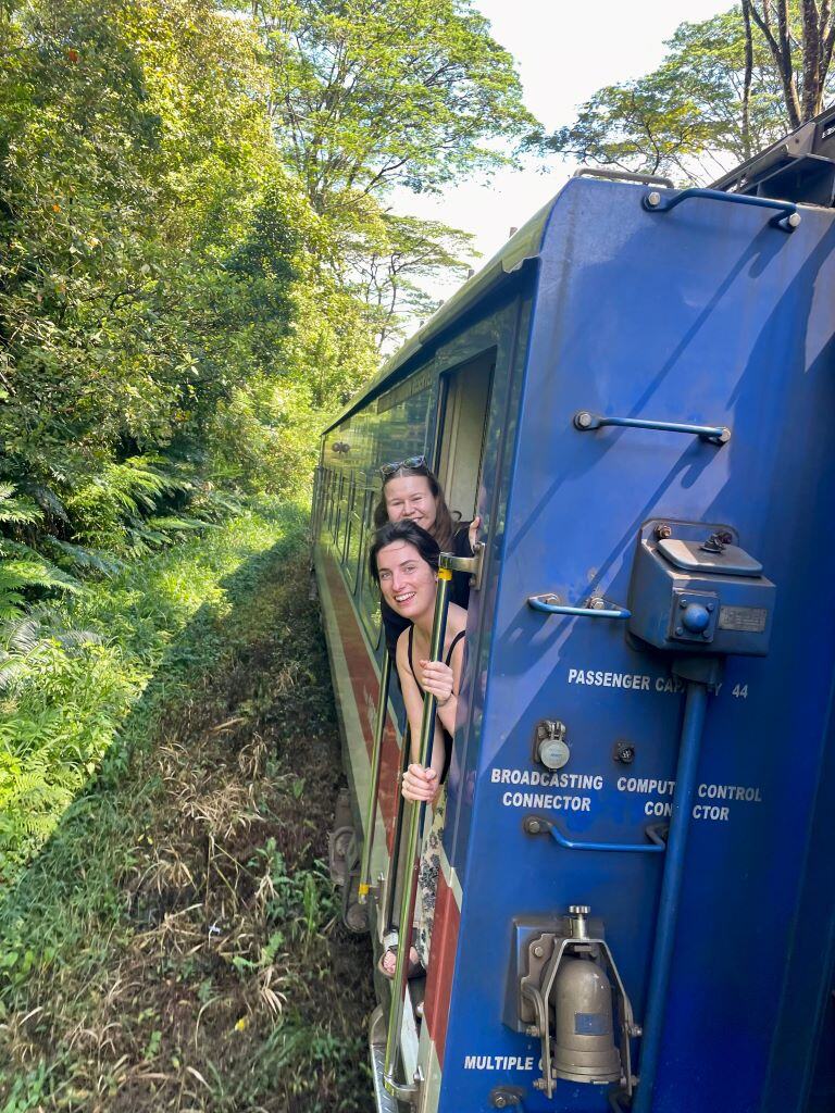 Personen bei ihrer Zugfahrt in Sri Lanka