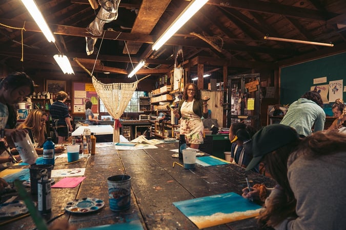 aCamp America Counselor malt gemeinsam mit den Teilnehmern